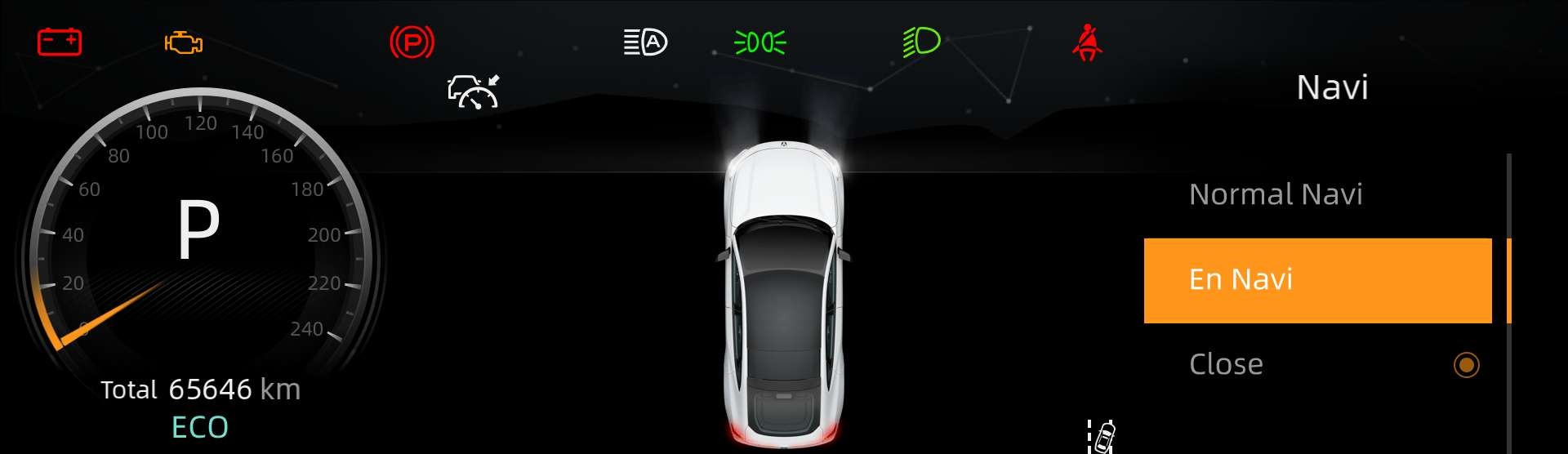 Навигация на приборной панели Changan UNI-V: меню Navi, выбран режим En Navi